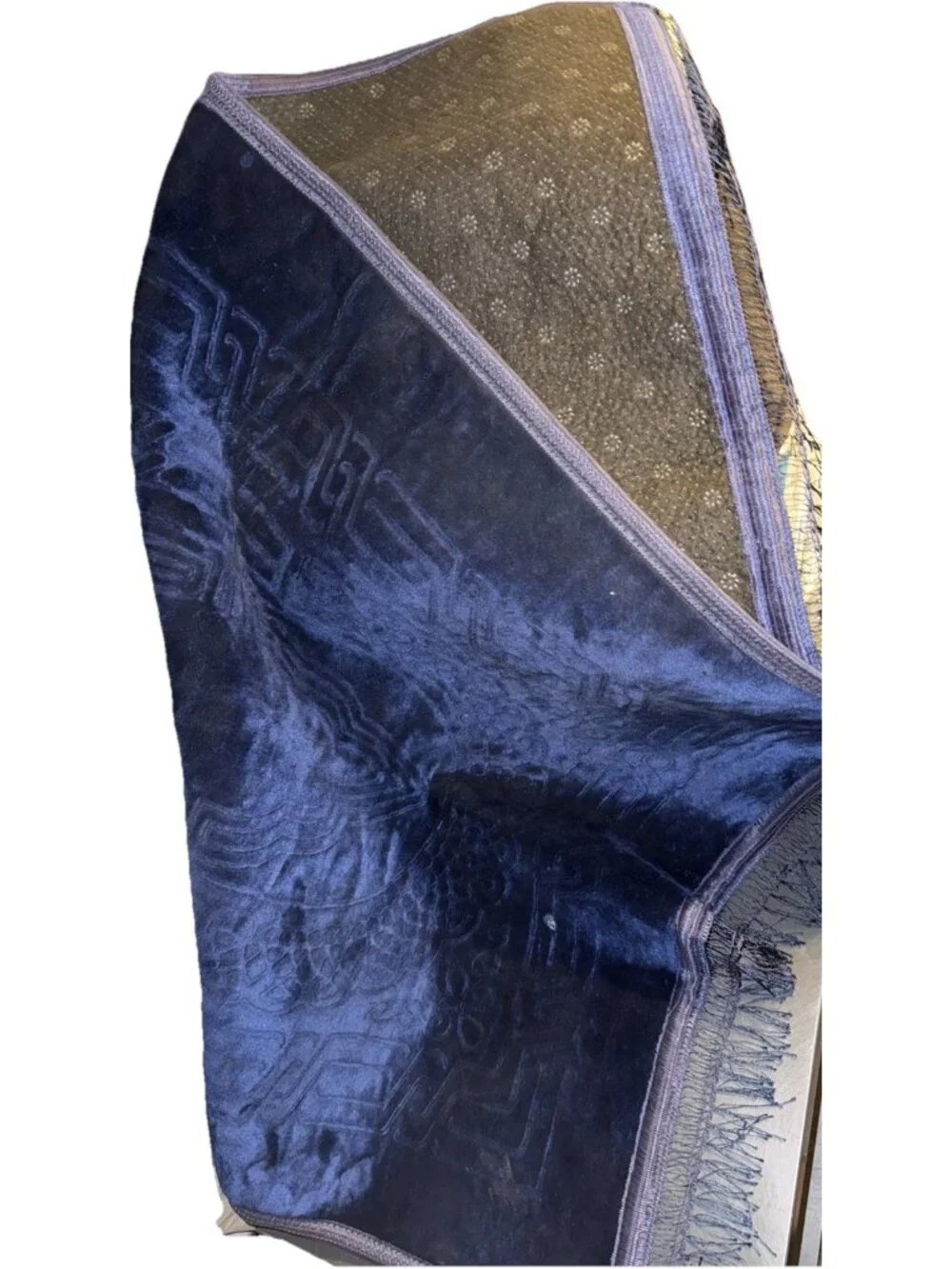 Blue Soft Velvet Throw Rug Asian Style double sided fringe 45L”x31.5W” BURN HOLE